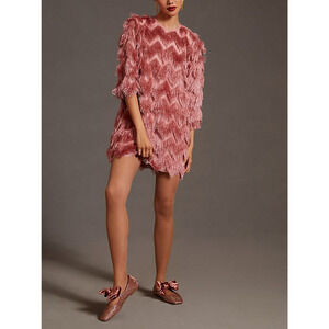 Anthropologie 'Hutch' Pink Fringed Chevron Dress Size S